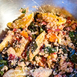 carrot, kale, cheese, orange, and couscous salad, orange dressing
